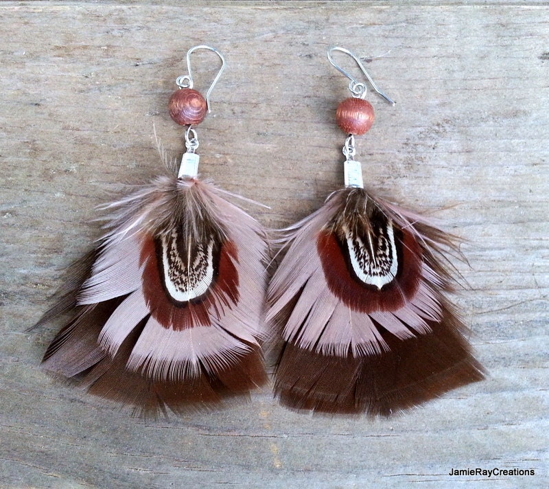 Turkey Feather Earrings Beige Brown Feather by JamieRayCreations