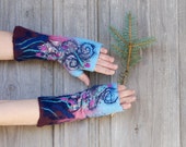Hand felted mittens in blue, pink and maroon, decorated with beautiful silk fabric and wool curls. OOAK
