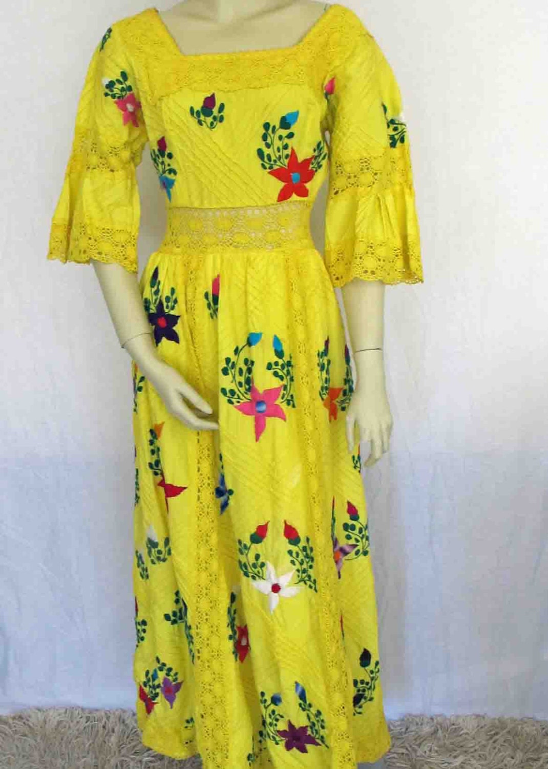 Mexican Wedding Dress Oaxaca Yellow Cotton Dress Crochet