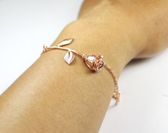 Rose bracelet,Floral Bracelet,Pink Rose Bracelet, Rose Gold Bracelet, Double Chain Bracelet,Gifts for Her,Bridesmaid Bracelet,Floral Jewelry