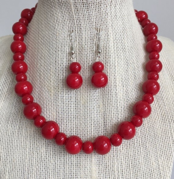 Red Chunky Necklace and Earring Set Red by CherishedJewelryCo
