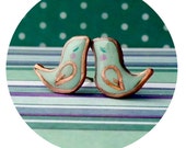 Stud earrings - Small green mint birds of polymer clay and copper wire