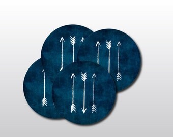 Coaster Set - Indigo Blue Tribal Coasters with Arrows - Drink Coasters - Boho Chic Decor and Barware
