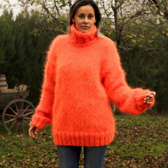 Hand Knit Mohair Sweater Neon Orange Fuzzy Turtleneck Jumper