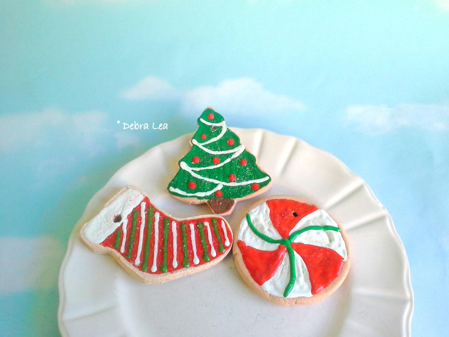 Fake Cookies Set of 3 Handmade Faux Christmas Holiday Gingerbread Sugar Cookie Ornament Tree Stocking Mint C8