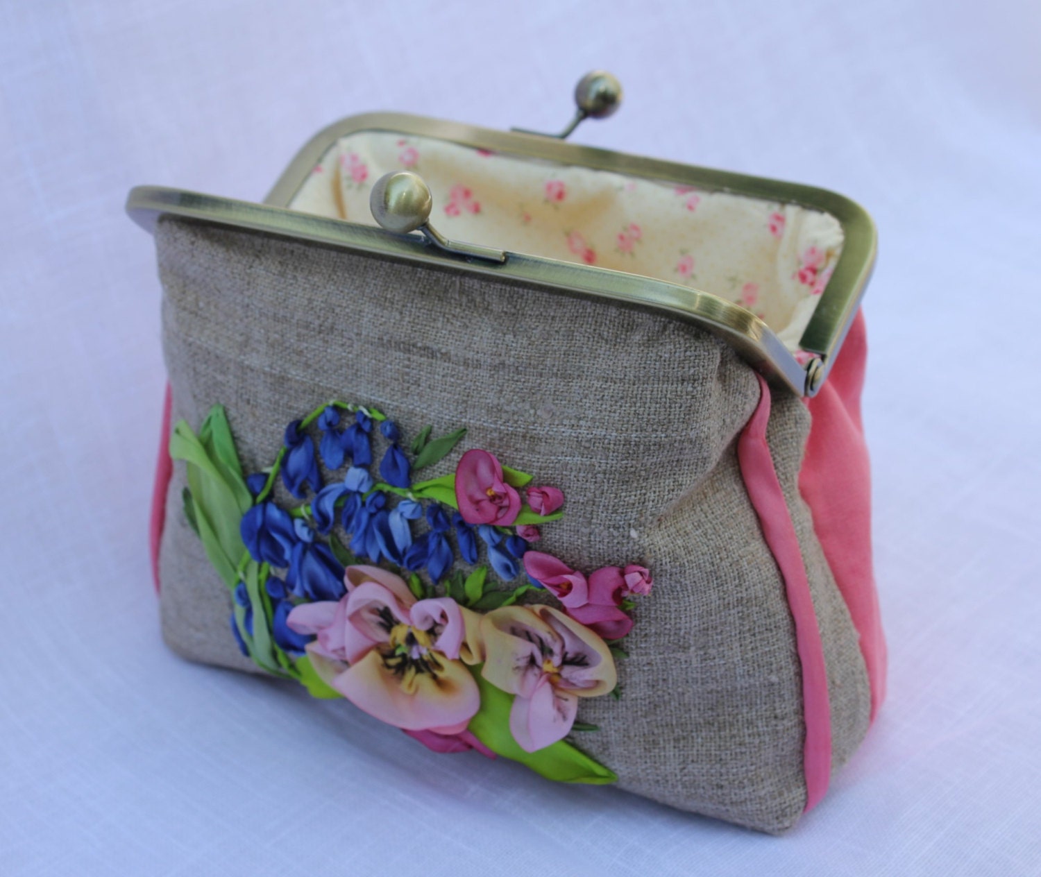Clutch Purse Bag Silk Ribbon Embroidered with Blue Bluebells