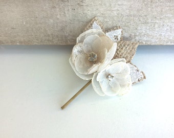 Burlap Hairpiece, Lace Wedding Hair Clip, Ivory Flowers, Bridal Hair Piece, Rustic Wedding Hair Accessories, Chiffon Flower Girl Headpiece
