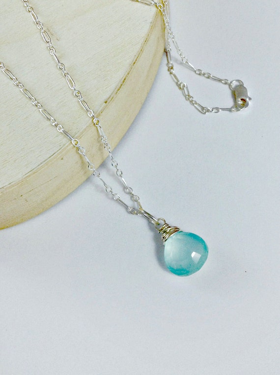 Small Chalcedony Necklace Aqua Stone Pendant by GemsByKelley