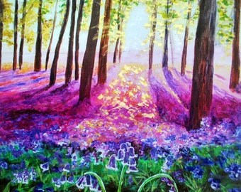 Bluebell painting. Floral painting. Whimsical art. Fairytale painting. Folksy art. Hand-embellished print. Floral art.