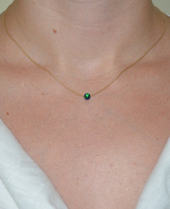 Opal Necklace, Tiny Dot Necklace, Small Opal Ball Gold Necklace, blue opal charm, simple dainty circle opal bead necklace, opal jewelry