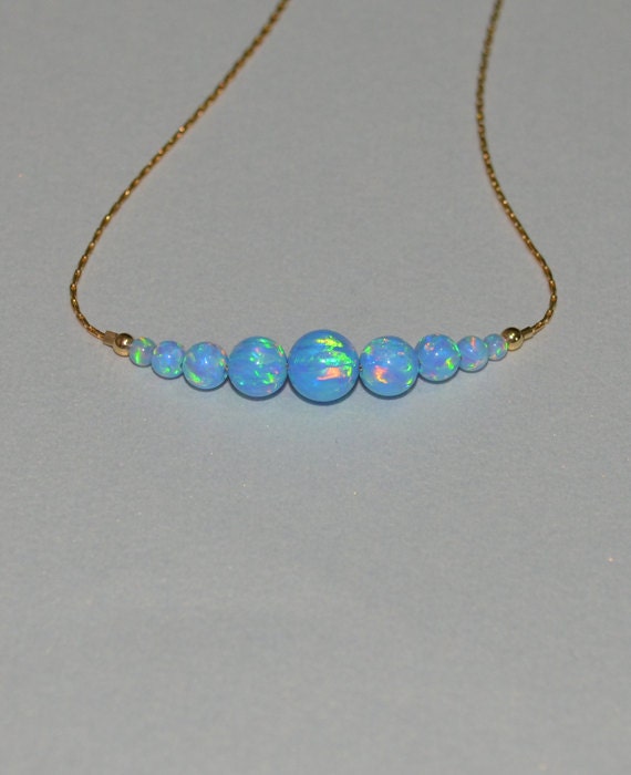 Blue Opal Necklace, Opal Jewelry, opal ball/bead necklace, opal gold necklace, simple/elegant tiny dot horizontal bar necklace