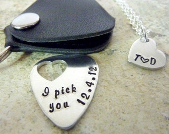 Valentines Day I pick you Personalized Guitar Pick date initials necklace Anniversary Hand Stamped Guitar pic I pick you