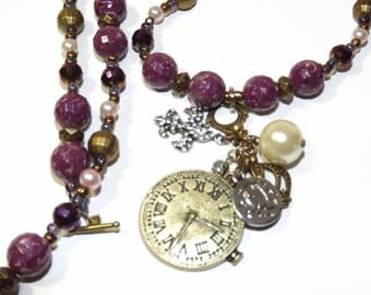 J 13 Beaded Necklace, Charm Necklace, Steampunk Necklace, Charm Necklace, Pendant Necklace , Purple Necklace, Pink Necklace, Long Necklace