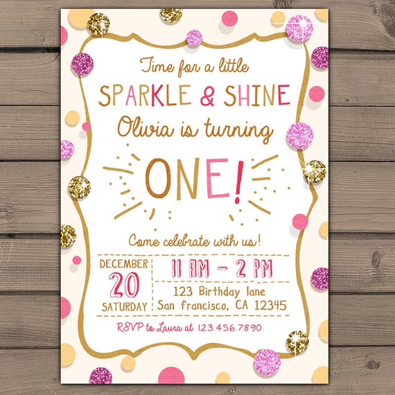 Sparkle and Shine Birthday Party Invite Gold glitter Pink