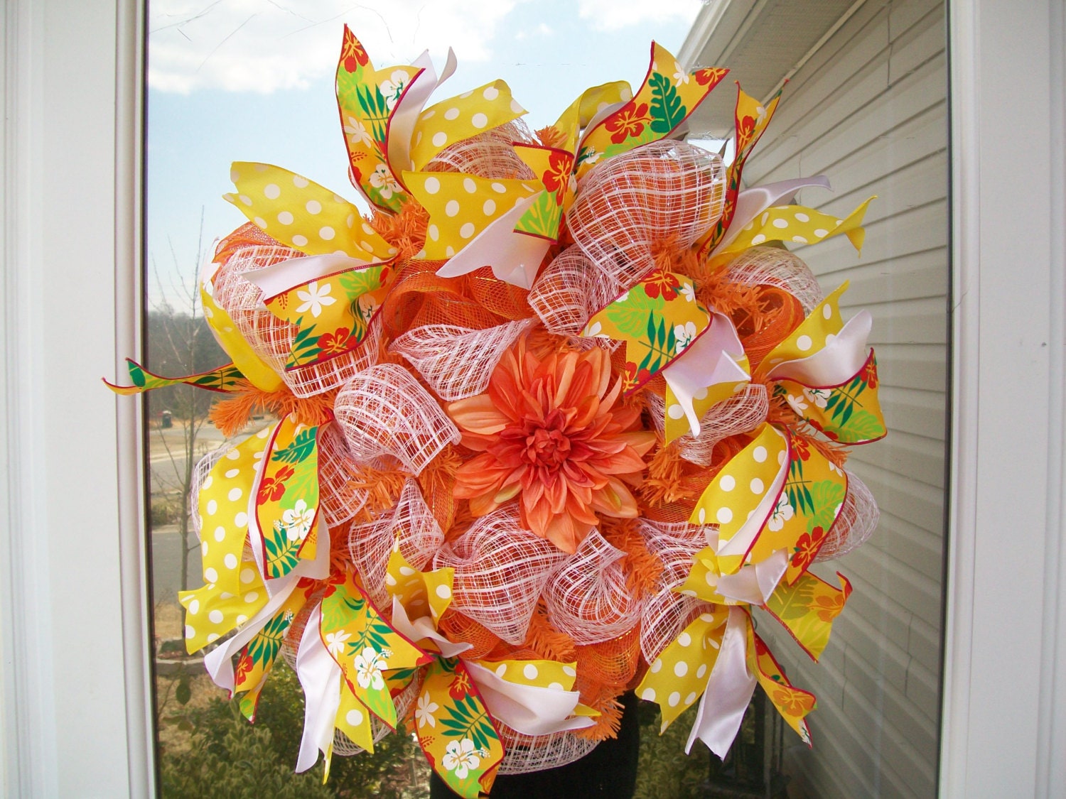 Deco Mesh wreath with three different types of ribbon. The
