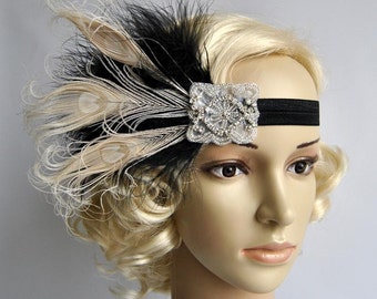 Great Gatsby headpiece Black Ivory Flapper Feather Headband 1920s Wedding rhinestone Headband, Vintage Inspired, Feather Bridal headband