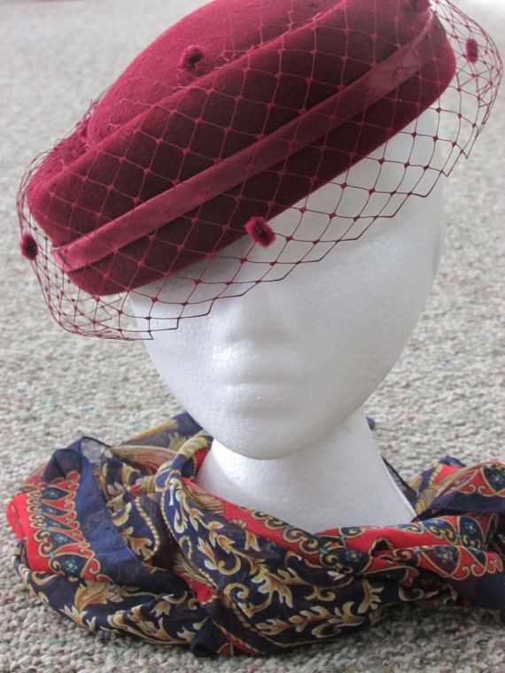 Vintage Maroon Pill Box Hat with Netting Church by