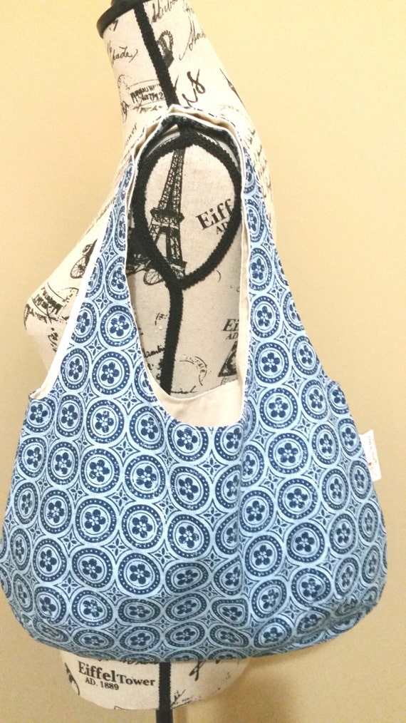 SALE Cotton Hobo Tote Bag in Blue Print by LittleMissPoBean