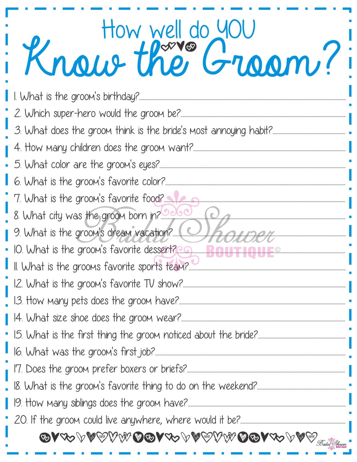 How Well Do You Know the Groom Bridal Shower Game BLUE Fun