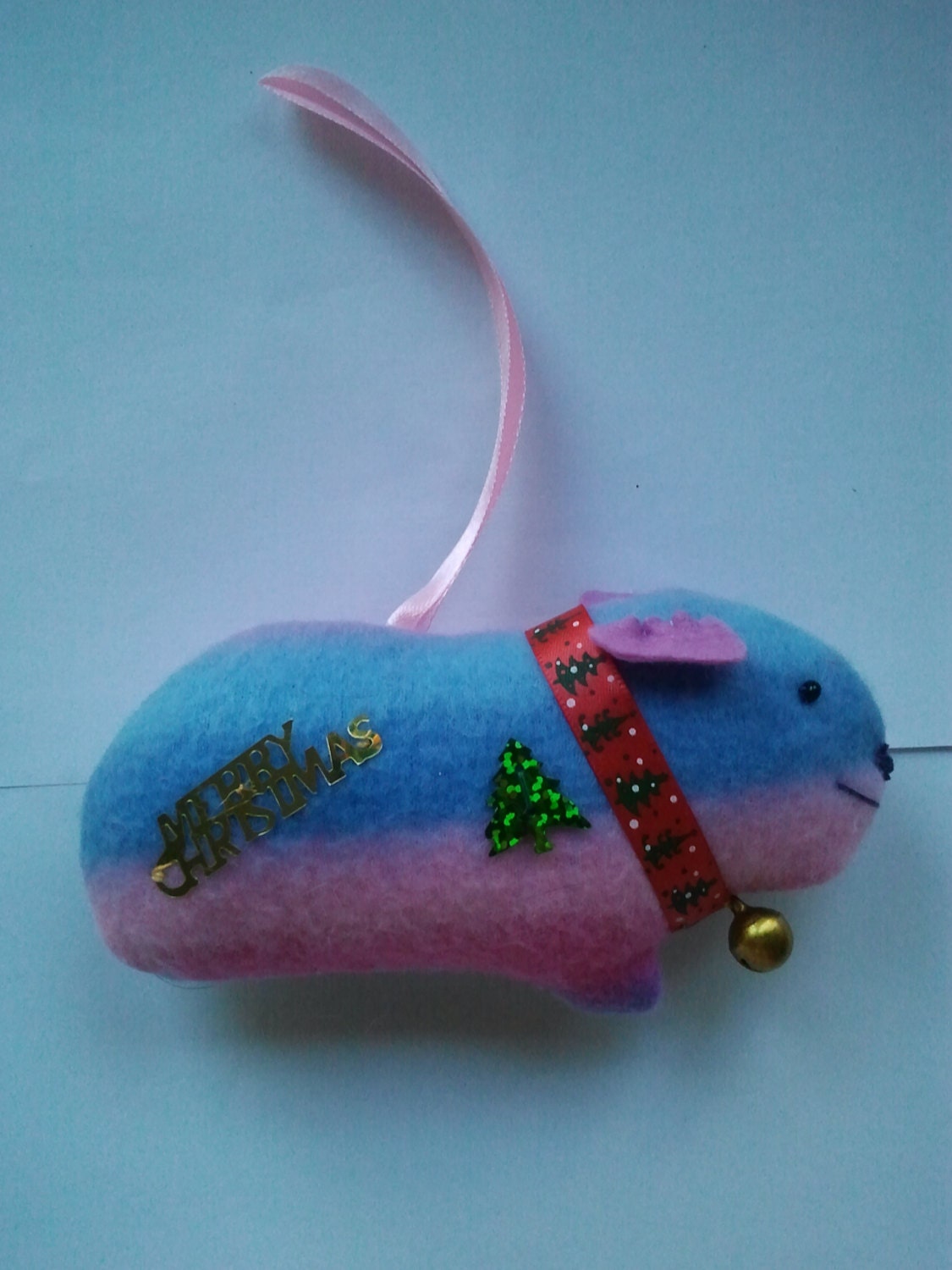 Hand made recycled pastel stripe fleece Fabric Guinea Pig Christmas tree hanging decoration