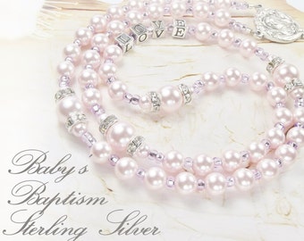 Baby Girl Baptism Rosary or Communion Personalized Rosary with Sterling 925 Silver Letters & Swarovski Pink Pearls Girl Baptism Gift