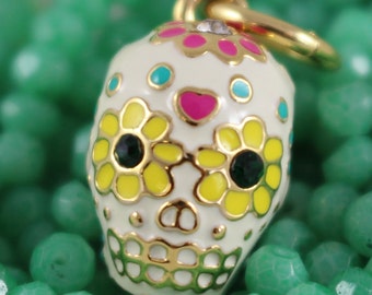 Sugar Skull Charm - Pendant - Gold, Colorful Enamel & Crystals - Day of the Dead