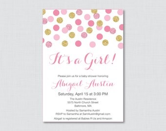 Pink and Gold Baby Shower Invitation Printable or Printed Invite - Pink and Gold Glitter Polka Dots Baby Shower Invites - Baby Invite 0008-p