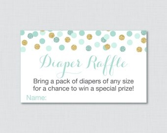 Mint and Gold Baby Shower Diaper Raffle Ticket Cards and Diaper Raffle Sign Printable Instant Download - Mint Gold Glitter Dots - 0008-m
