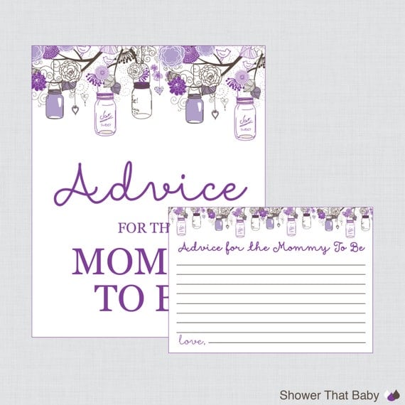 Advice for Mommy to Be Cards and Sign Purple Mason Jar Baby