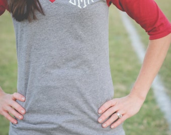 Monogram Raglan T Shirt | Three Quarter Sleeve | Raglan V Neck | Monogram Baseball Tee | Baseball T Shirt | Gift for Her | Gifts under 30
