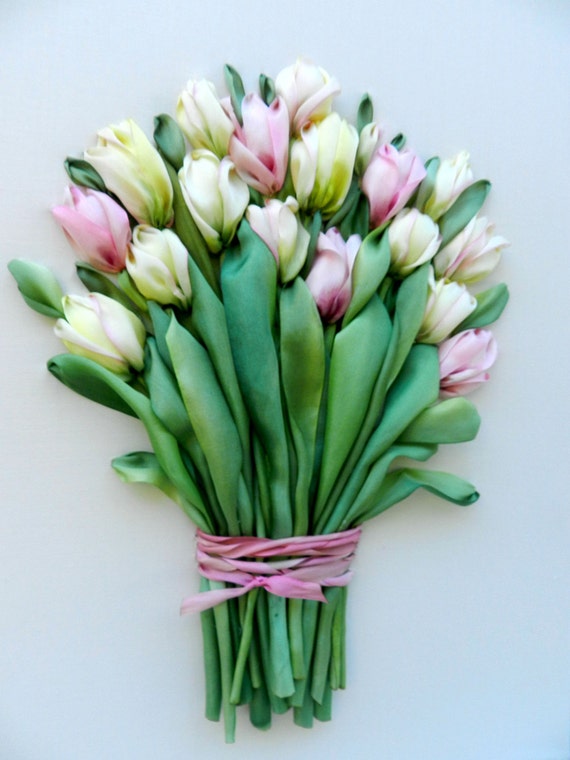 Items similar to Bouquet of tulips, silk ribbon embroidery on Etsy