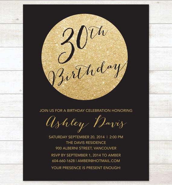 black and gold 30th birthday party invitation gold glitter any