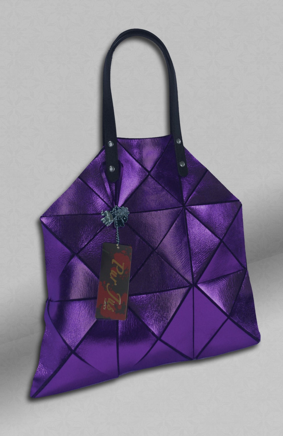 Metallic Purple Leather Tote Leather Handbag with pockets