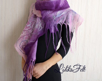 Felted Wool Cobweb Ruffle Scarf Shawl Wrap PINK PURPLE