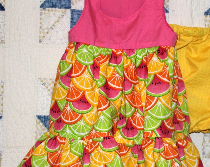 HALF PRICE ** Girl's Size 1 Ruffled Sundress with panty and purse. Watermelon, Lemon, Lime & Orange Seersucker. Lined, with bottom ruffle.