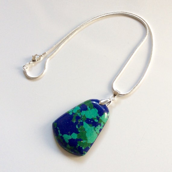 Blue and Green faux Lapis pendant on Sterling Silver necklace. Brilliant colors - Must see! Affordable jewelry 18 in (45.72 cm) snake chain.