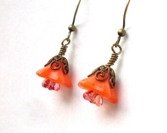 Orange flower bead earrings, Czech glass and antiqued brass earrings, orange earrings, flower bead jewelry