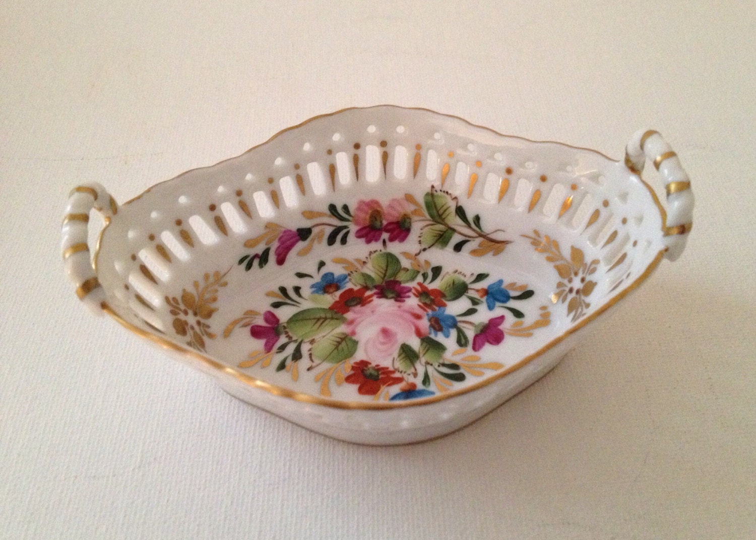 Limoges Little Porcelain Basket with Hand Painted Flowers