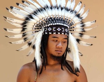 ON SALE indian headdress replica, black and white, short length, warbonnet native american style,