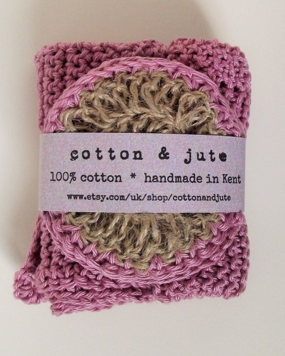 Eco-friendly Set of 3 crochet scrubbies and two washcloths in 100% cotton and jute
