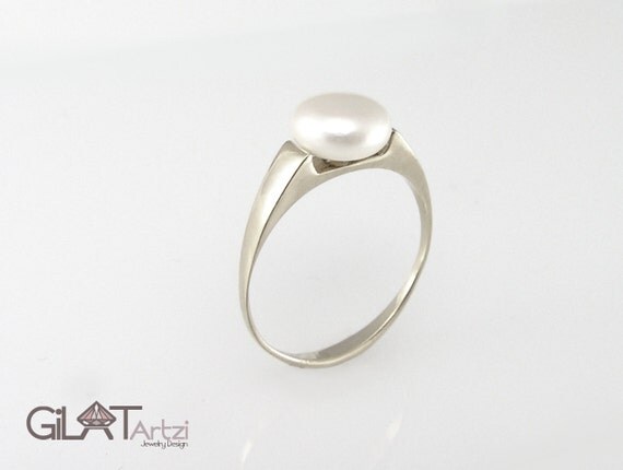 SALE 14 karat white gold coin pearl ring, Solid Gold engagement pearl ...