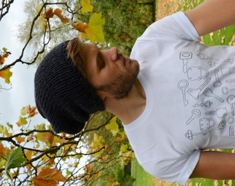 Anthracite Men's Slouchy Beanie Hand Knit Hat for Men Unisex Beanie Dark Gray