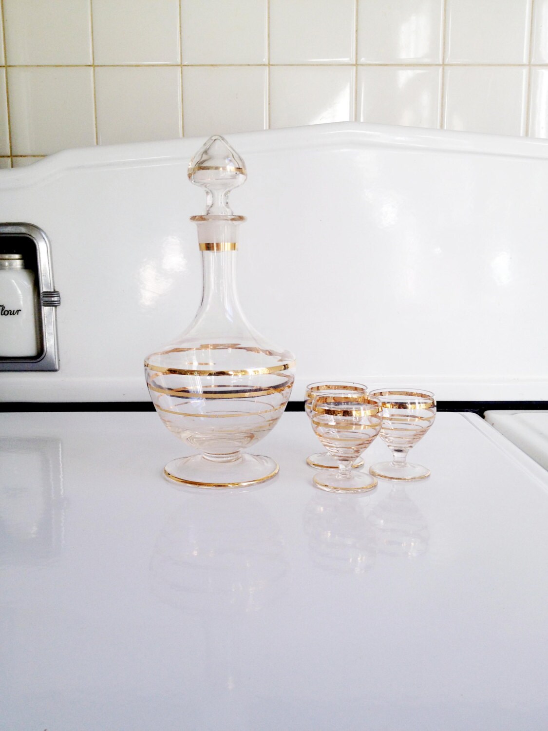 RESERVED FOR ALEX Gold Striped Glass Decanter Set / Mid
