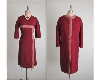 60's Vera Maxwell Dress Coat // Vintage 1960's Fitted Cranberry Wool Designer Dress Jacket Ensemble M