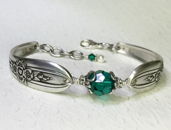 Spoon Bracelet Emerald Green Crystals White by SpoonfestJewelry