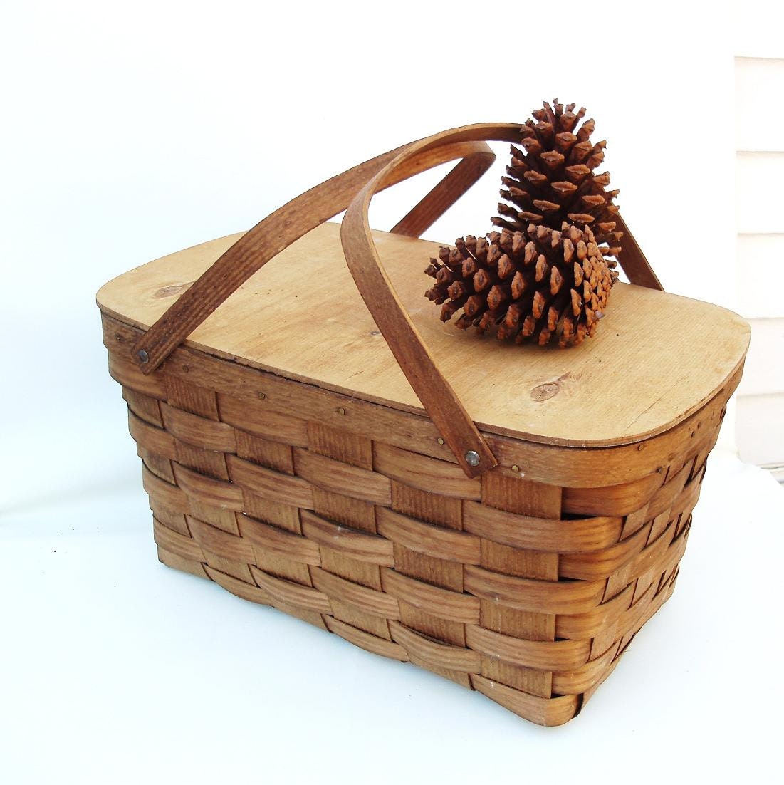 Vintage Picnic Basket Large Wooden Storage Woven Wood