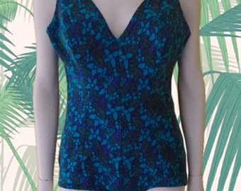 60s blue green floral vintage one piece swimsuit L