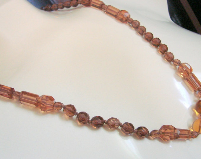 Art Deco Amber Glass Bead Necklace / Designer Signed / Faceted / 30s Vintage Jewelry