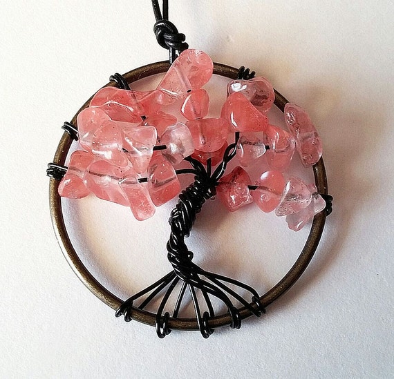 Spring Cherry Blossom Tree of Life Necklace STRAWBERRY QUARTZ Wire Pendant - Wire Wrapped Tree - Healing Jewelry, Reiki Energy, Yoga Gifts