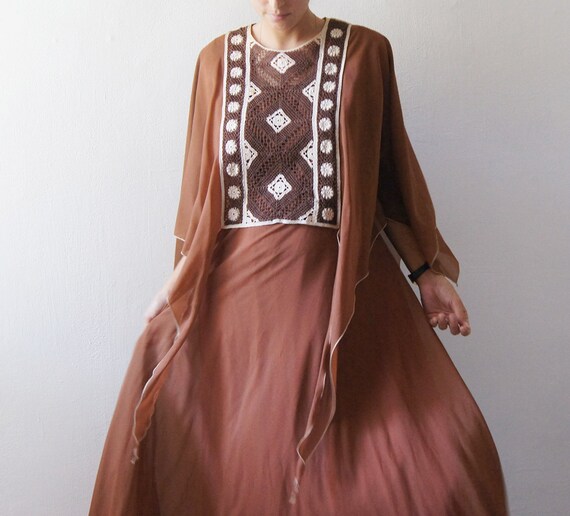 Vintage Hippie 1970â€™s 60's Handmade prom dress Handknit brown white ...